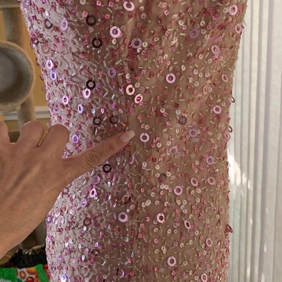 Pink with Rosé beading and sequins one shoulder midi dress - Picture 6 of 14